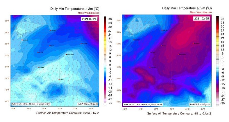 Pogoda na 2502 - ciemnofioletowe pola oznaczają temperaturę poniżej -20 st C