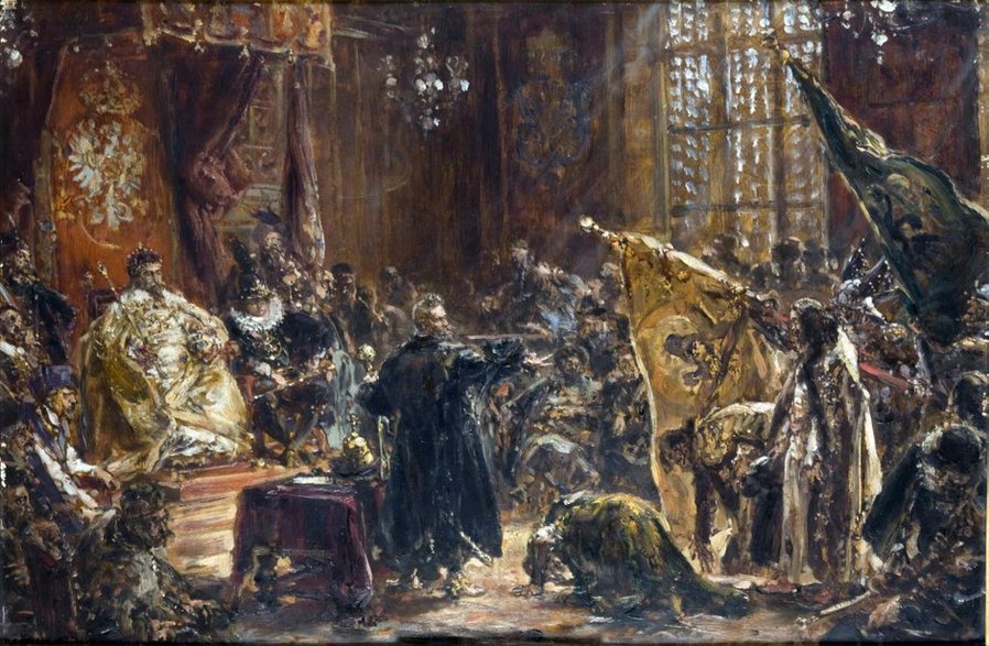 Pokłon byłego cara Wasyla IV Szujskiego z braćmi przed królem polskim Zygmuntem III Wazą na sejmie w Warszawie (aut. Jan Matejko, domena publiczna)