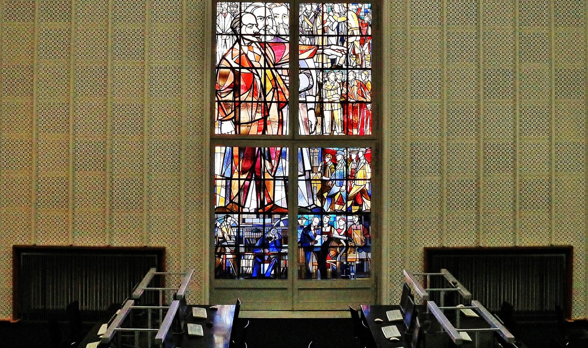 A mosaic of Lenin made of glass hangs in a window in the University Library of the Law Faculty of the Humboldt University of Berlin