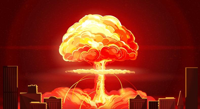 An illustration of a nuclear bomb exploding in a city.