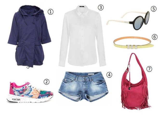 STYLIZACJA z białą koszulą na wekend: 1. parka Big Star 179,99 zł, 2. buty Big Star 59,99  zł, 3. koszula Simple 269,90 zł 4. szorty Big Star 94,99 zł, 5. okulary Simple 199,90  zł, 6. pasek Simple 59,90 zł, 6. torebka Venezia 139,00 zł (ceny w Factory Outlet)