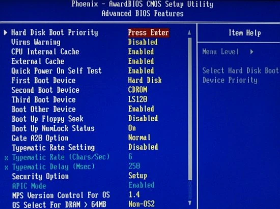 Zakładka Advanced BIOS Features