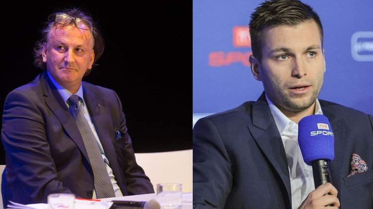 Prezes PZHL Mirosław Minkina i dyrektor TVP Sport Marek Szkolnikowski