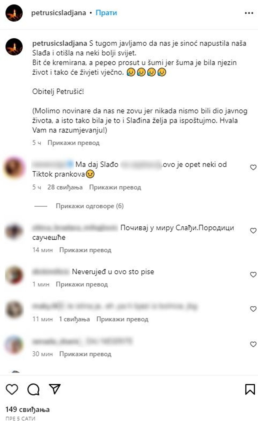 Fanovi ne veruju u vest o smrti Slađane Petrušić