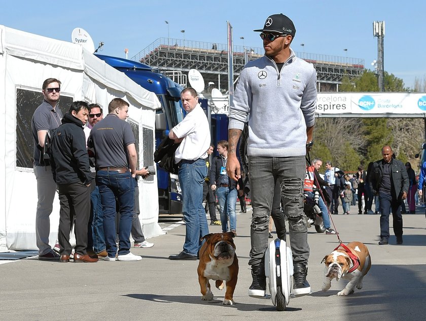 Lewis Hamilton na dziwnym spacerze z psami na katalońskim torze