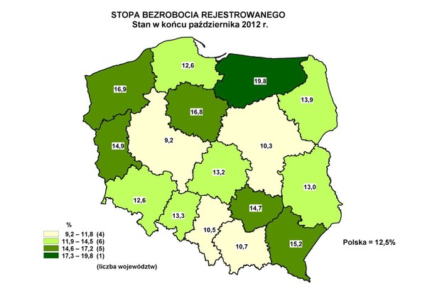 Stopa bezrobocia rejestrowanego - stan w końcu października 2012, GUS