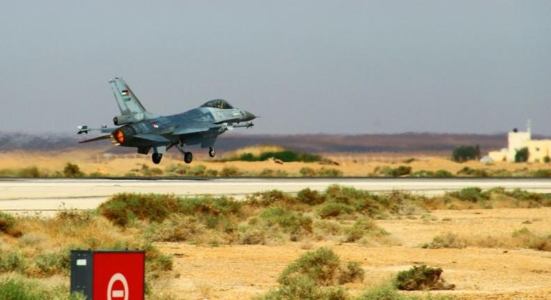 An F-16 Fighting Falcon from the Royal Jordanian Air Force takes off during an exercise at an air base in northern Jordan on May 12, 2014