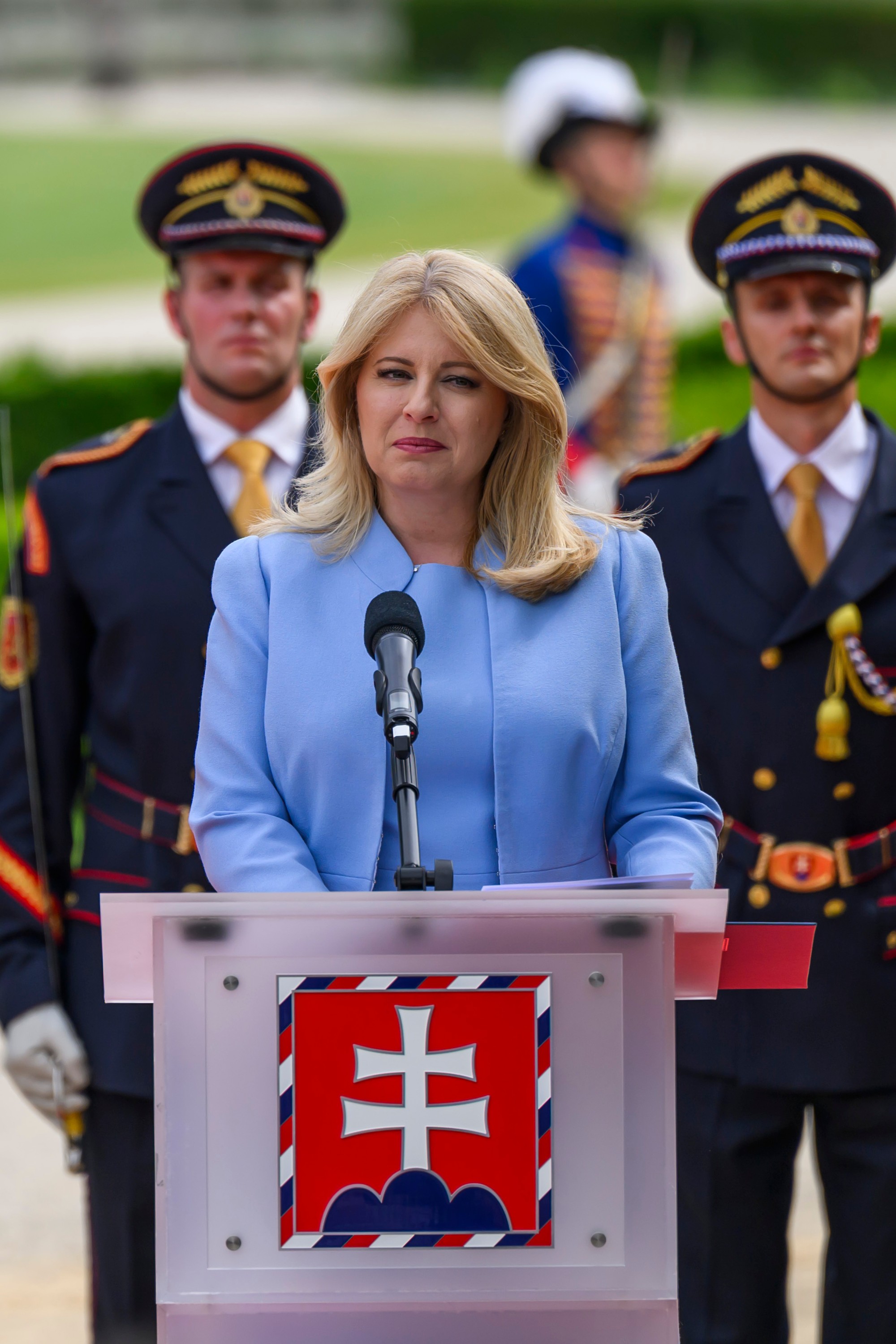 Prezidentka SR Zuzana Čaputová počas rozlúčkového príhovoru v Prezidentskej záhrade v Bratislave 14. júna 2024.