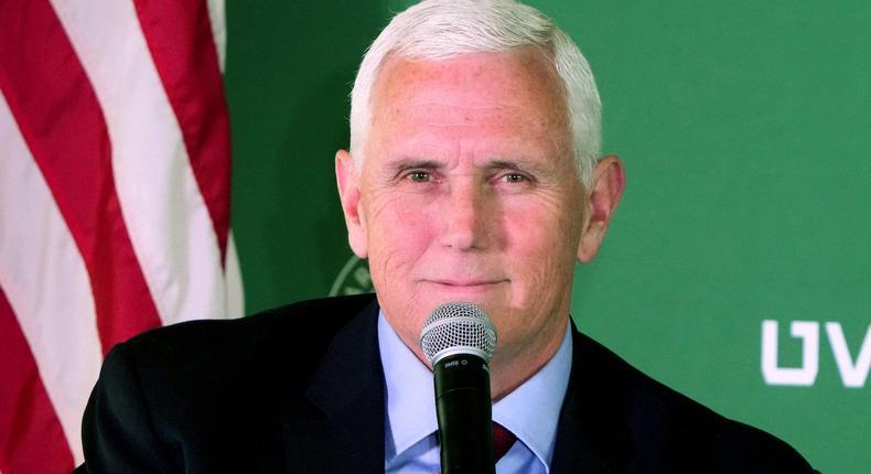 Former Vice President Mike Pence answers questions at a luncheon sponsored by the UVU Gary R. Herbert Institute of Public Policy on April 28, 2023 at the Zion Bank headquarters in Salt Lake City, Utah.George Frey/Getty Images