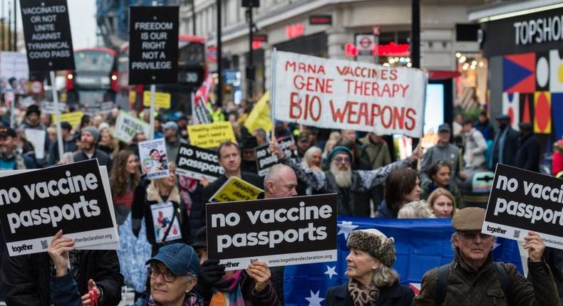 A protest in London against plans to encourage vaccination on November 20, 2021.