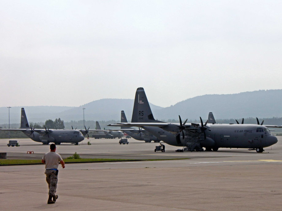 Multiple US C-130s at Ramstein Air Base in Germany.