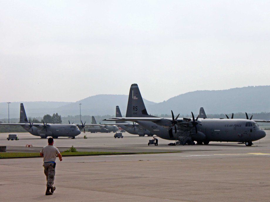 Multiple US C-130s at Ramstein Air Base in Germany.