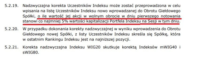 Fragment regulaminu GPW dotyczącego indeksów