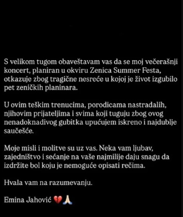 Emina otkazala koncert zbog tragedije