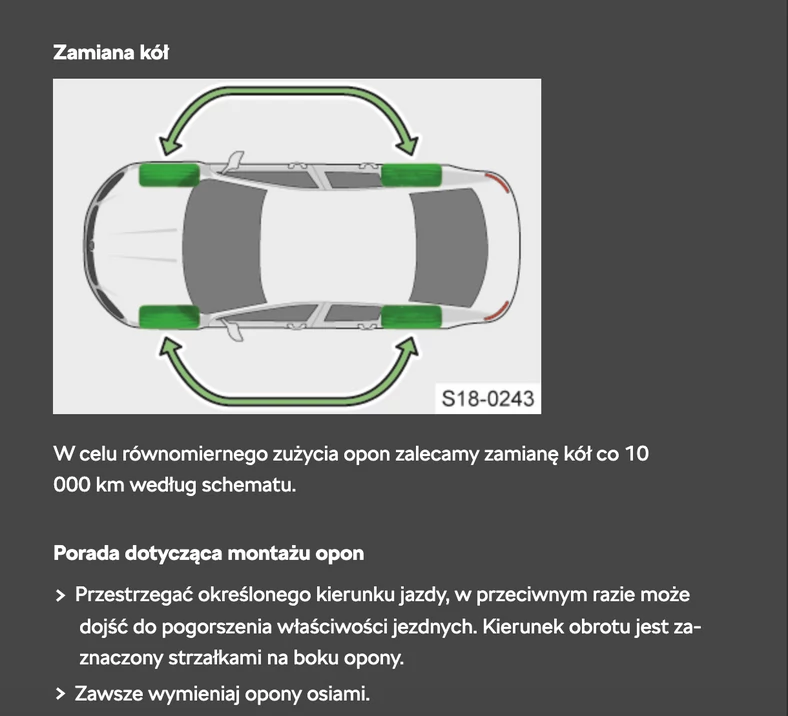 Schemat rotowania opon/zamiany kół znaleźć można w instrukcji obsługi auta – może się ona różnić w zależności od rodzaju napędu i zastosowanych w aucie opon. 