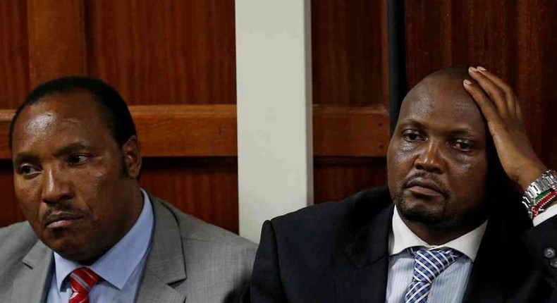 Kabete MP Ferdinand Waititu and Gatundu South’s Moses Kuria at a Milimani Law Courts last year. 