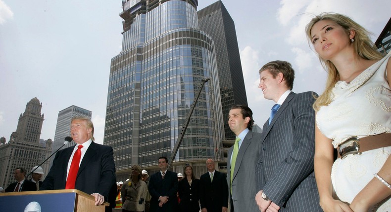 Donald Trump and his three eldest children, Donald Trump, Jr., Eric Trump, and Ivanka Trump, address the press outside Trump International Hotel & Tower in 2007.Charles Rex Arbogast/AP