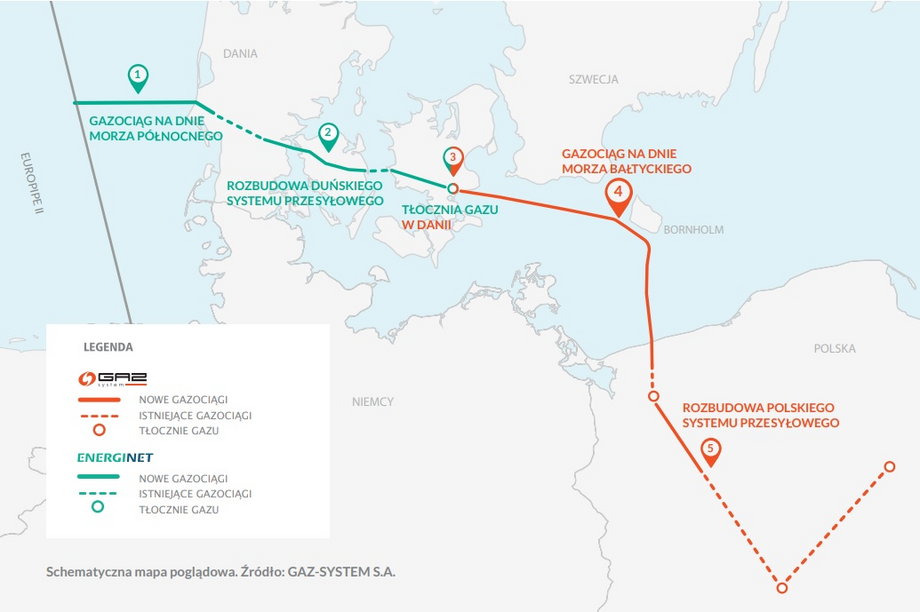 Schemat nowego rurociągu Baltic Pipe, który umożliwi przesył gazu z Norwegii na rynek duński i polski. 