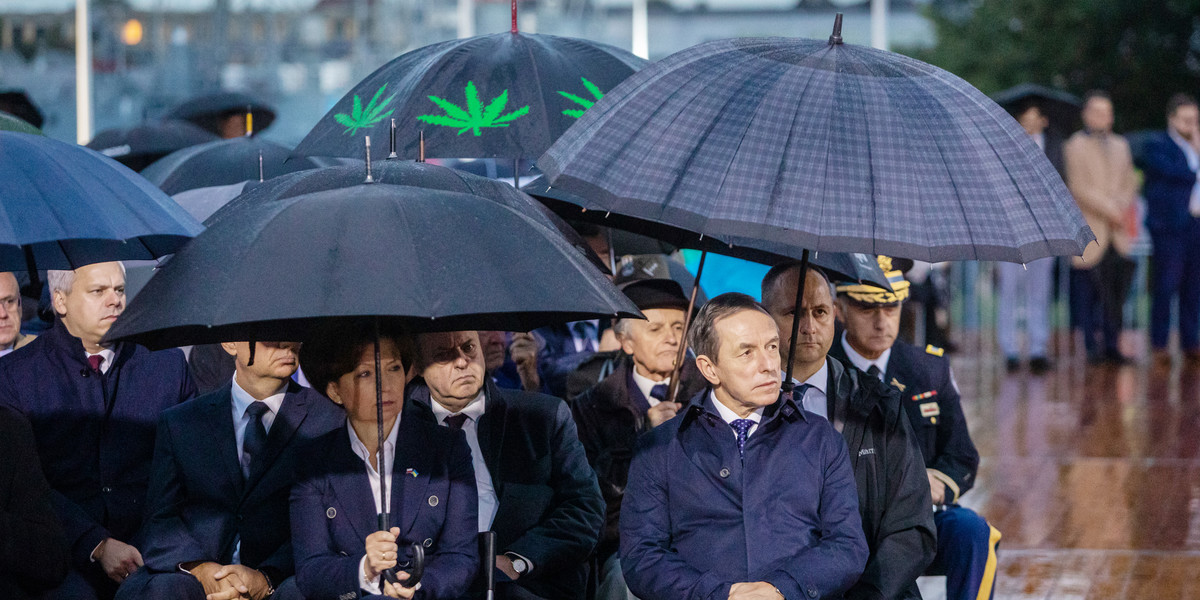 Gdy na Westerplatte zaczęło padać, politycy sięgnęli po parasole. Tuż za nimi pojawiła się niezwykła parasolka.