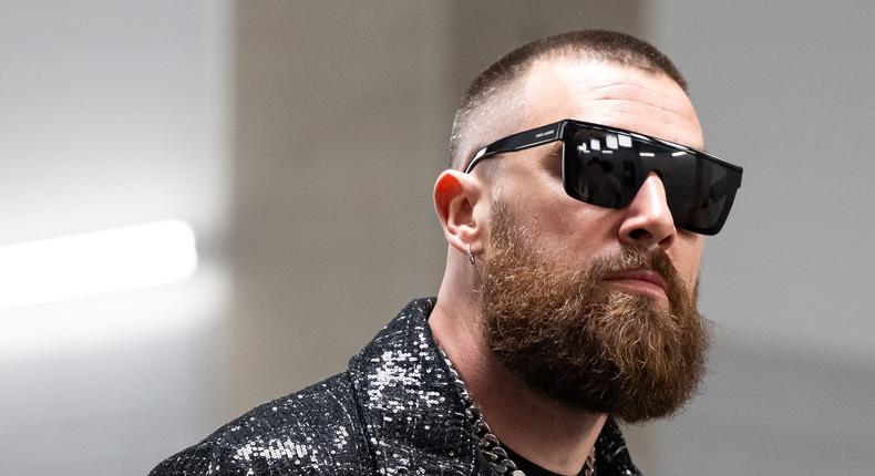 Travis Kelce was spotted singing along to Taylor Swift's Love Story at a Las Vegas nightclub. This photo of him is not from the same night.Luke Hales/Getty Images