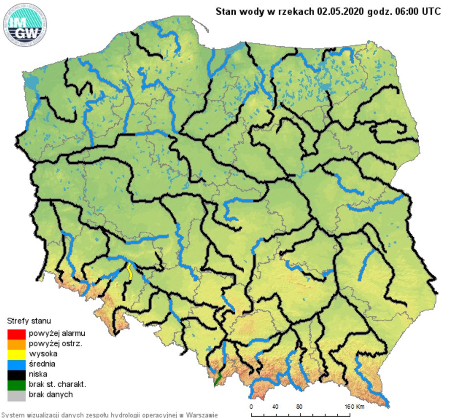 Stan wody w rzekach 2 maja. Deszcz, który padał w trakcie majówki, nie poprawił sytuacji. Prawie w całym kraju utrzymują się niskie stany wód w rzekach. 