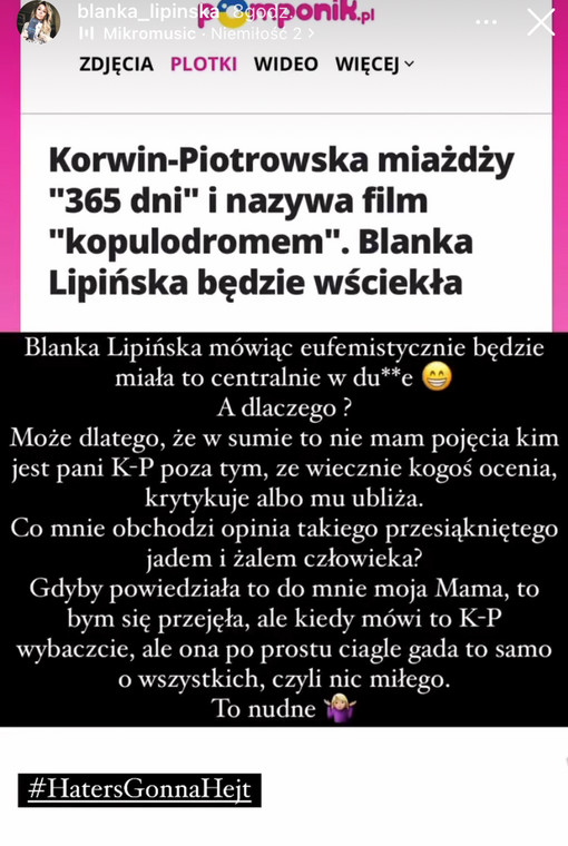 Blanka Lipińska o wpisie Karoliny Korwin Piotrowskiej