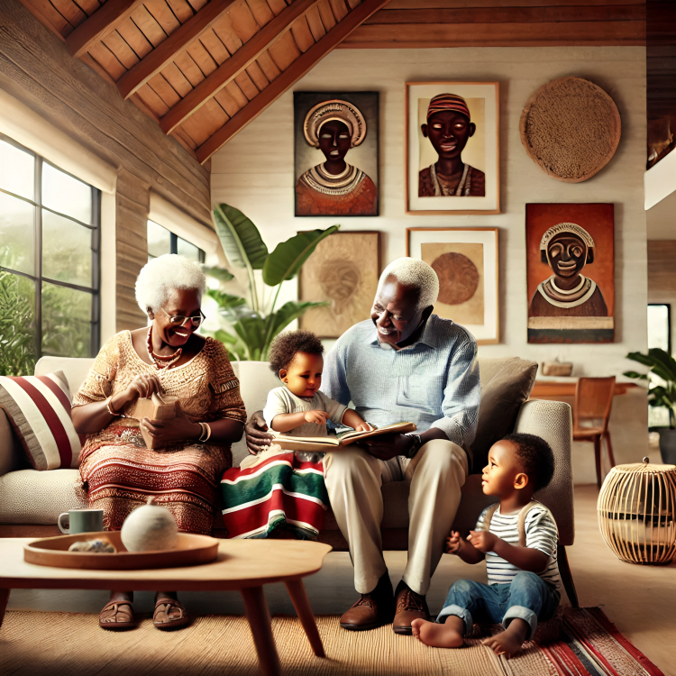 An AI-generated image of elderly Kenyan parents spending quality time with their grandchildren in a modern Kenyan home setting The scene shows the grandparents si