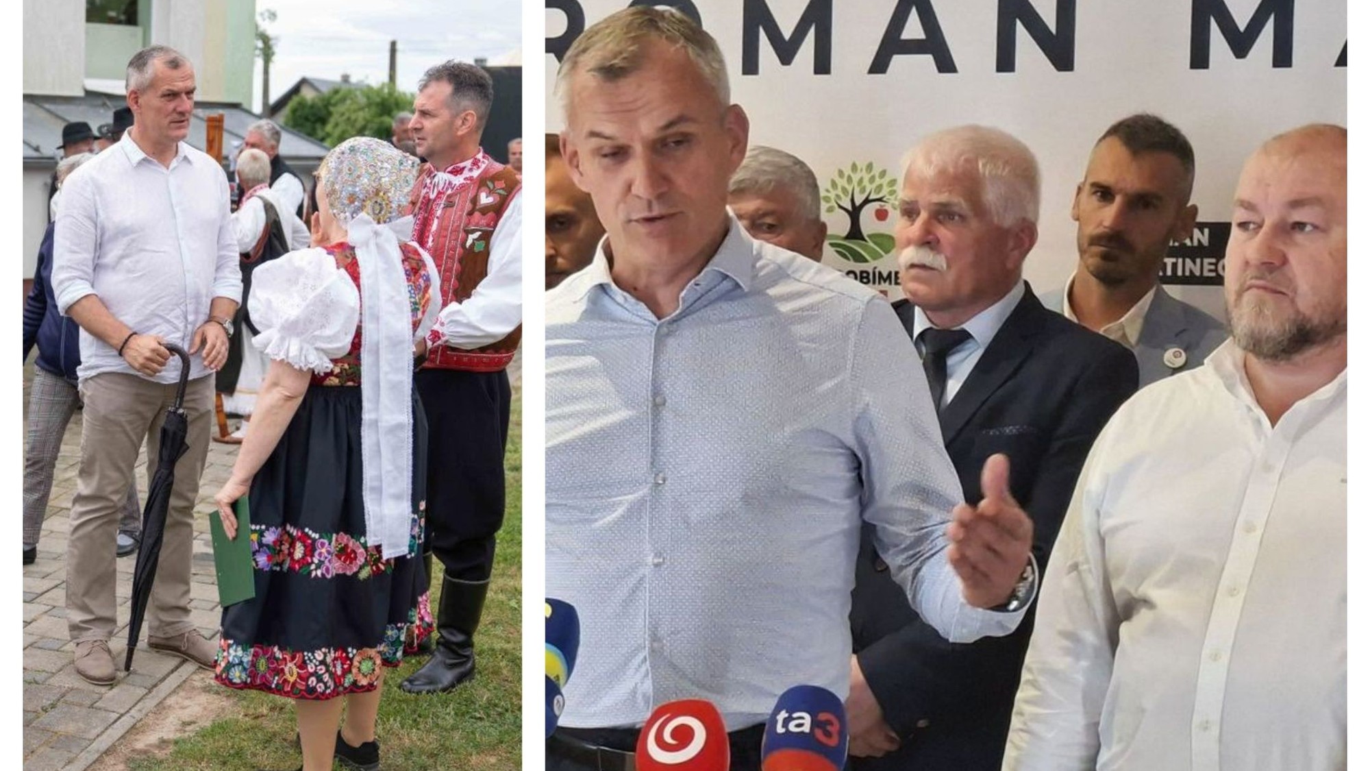 Roman Malatinec na podujatí v obci Dúbravy (vľavo) a pri ohlásení kandidatúry na post banskobystrického župana v obci Kriváň (vpravo).