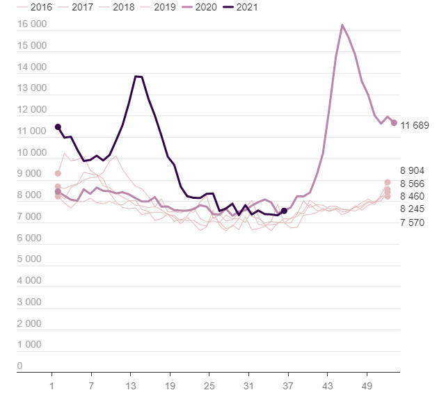 Wykres przedstawia liczbę zgonów w Polsce wg tygodni. Ciemnoróżowy kolor pokazuje rok 2020 i skok w okresie jesienno-zimowym. Ciemnoniebieski wykres to rok 2021 i skok wiosenny. Od czerwca 2021 wykres nie odbiega od normy, ale wkraczamy właśnie w czwartą falę koronawirusa. Opracowanie: Danuta Pawłowska/BIQData Wyborcza.pl