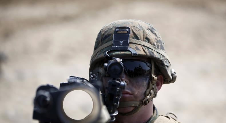 A U.S. marine participates in a U.S.-South Korea joint landing operation drill in Pohang March 30, 2015. The drill is part of the two countries' annual military training called Foal Eagle, which runs from March 2 to April 24.