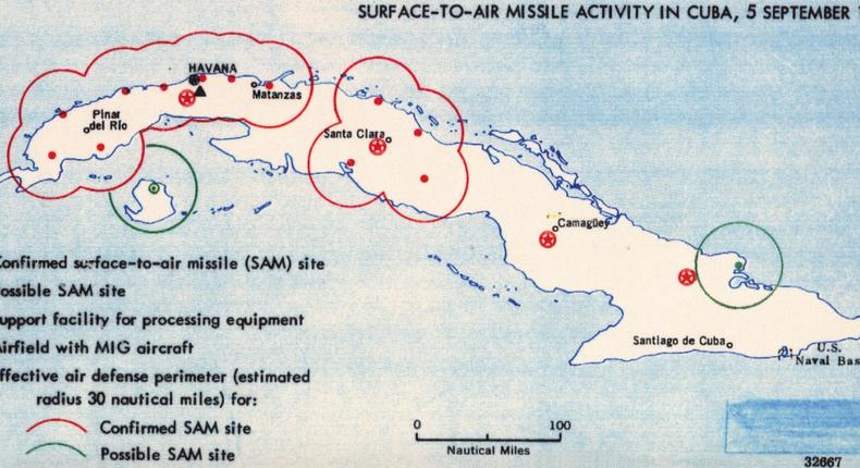 Suspected sites of missiles in Cuba, 1962.