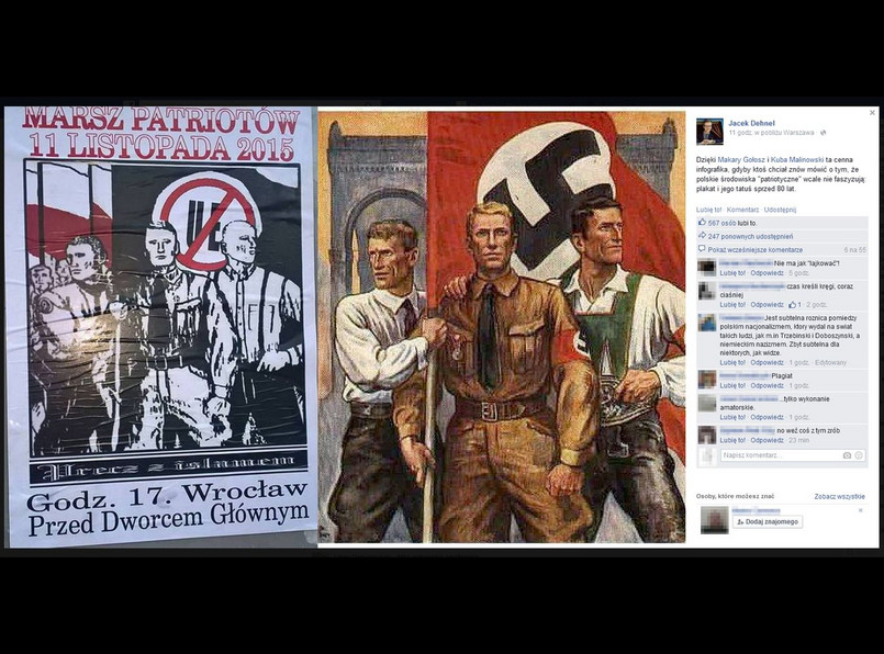 Pisarz Jacek Dehnel skomentował na Facebooku dziwną zbieżność obu plakatów: "Gdyby ktoś chciał znów mówić o tym, że polskie środowiska 'patriotyczne' wcale nie faszyzują: plakat i jego tatuś sprzed 80 lat"