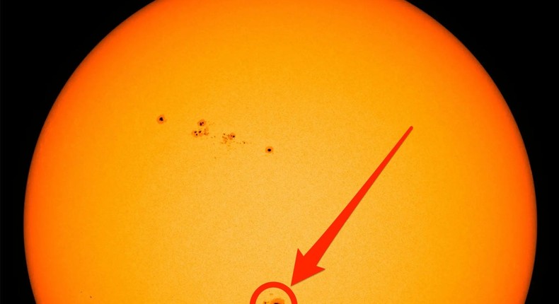 A picture of the sun on May 23. A sunspot is passing on the sun's surface, so big that it can seen with the naked eye, provided you've got the right equipment.SDO/NASA