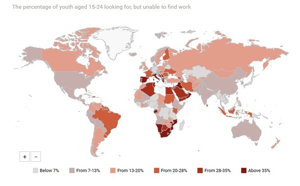 Bezrobocie wśród młodych na świecie, źródło: Międzynarodowa Organizacja Pracy