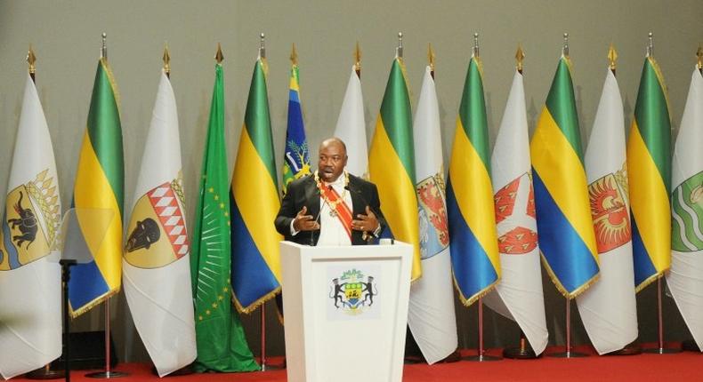 Gabon President elected Ali Bongo Ondimba addresses his guests during the swearing in ceremony in Libreville on September 27, 2016