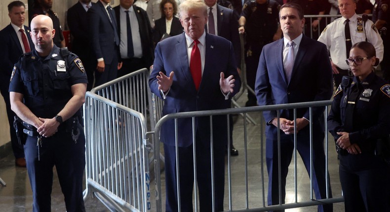 Former U.S. President Donald Trump arrives at a pre-trial hearing in a hush money case at Manhattan Criminal Court in February.Spencer Platt/Getty Images