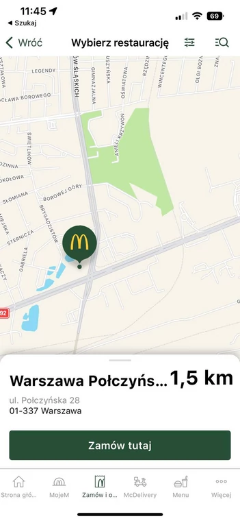 Zamawianie Burgera Drwala w aplikacji McDonald's