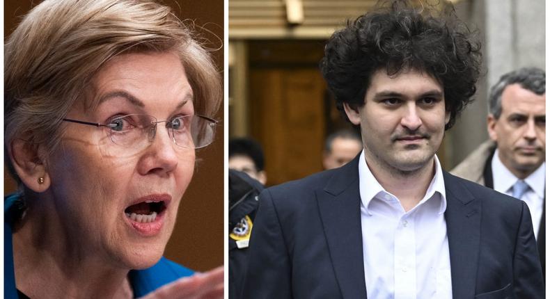 Elizabeth Warren and Sam Bankman-Fried, the FTX founder, leaving Manhattan Federal Court in January.Tom Williams-Pool/Getty Images; Fatih Aktas/Anadolu Agency via Getty Images