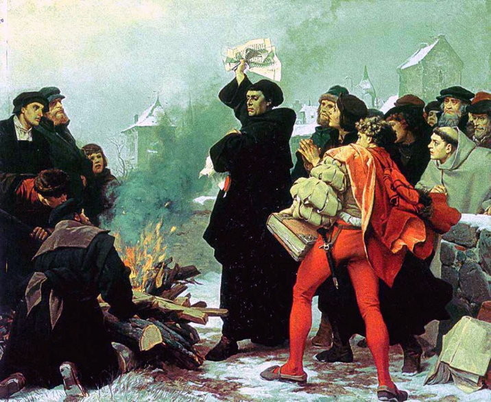 Spalenie przez Lutra bulli papieskiej (aut.Paul Thumann, 1872/1873, domena publiczna).