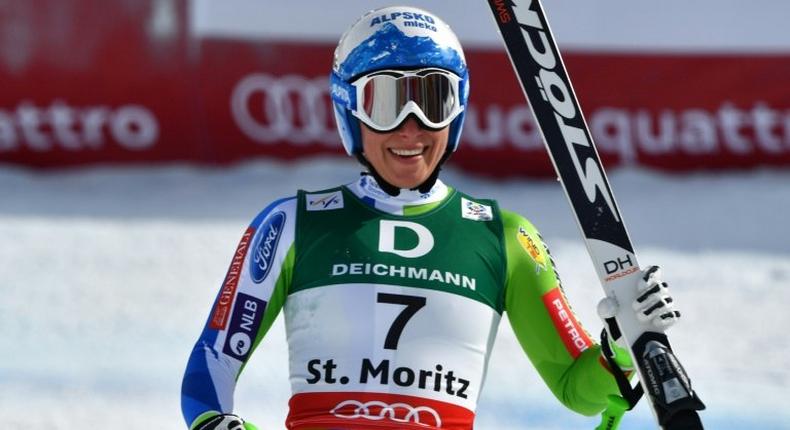 Slovenia's Ilka Stuhec reacts in the finish area of the women's downhill race at the 2017 FIS Alpine World Ski Championships in St Moritz on February 12, 2017