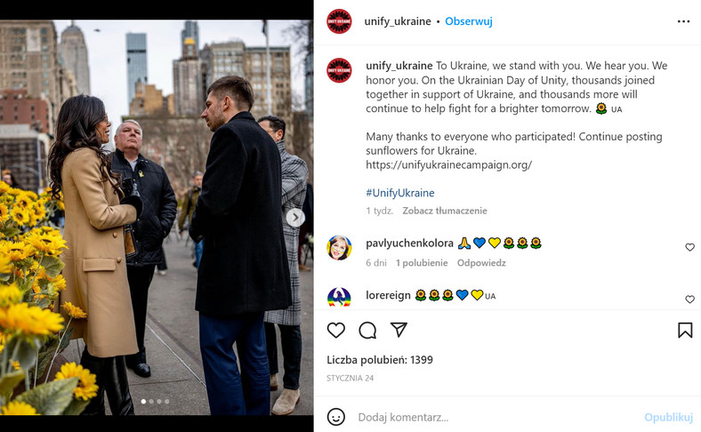 Jeden z postów na Instagramie dokumentujących instalację słoneczników przygotowaną na zlecenie BGK w ramach rządowej kampanii wspierającej Ukrainę  