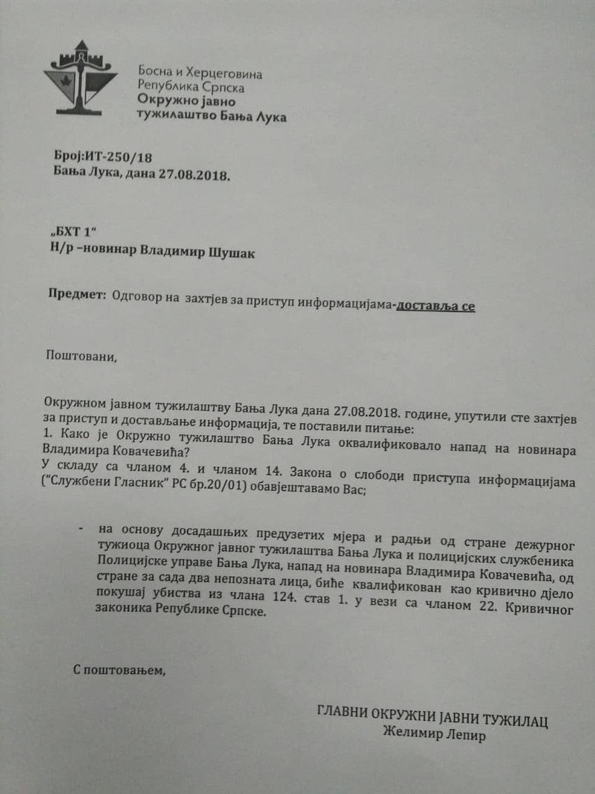 Odgovor tužilaštva o napadu na Vladimira Kovačevića