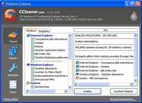 Systemowy odkurzacz CCleaner w akcji