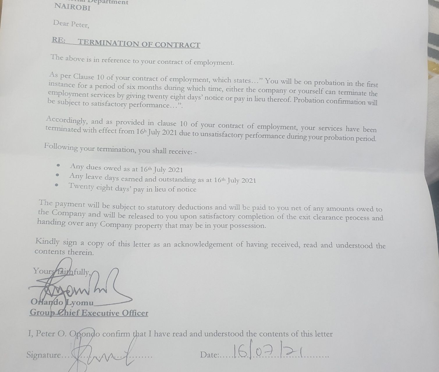 Peter Opondo sacking Letter