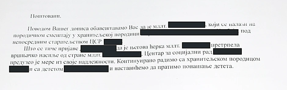 Odgovor lokalnog Centra za socijalni rad