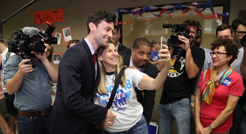 Democratic candidate Jon Ossoff speaks to volunteers and supporters at a campaign office as he runs for Georgia's 6th Congressional District in a special election.