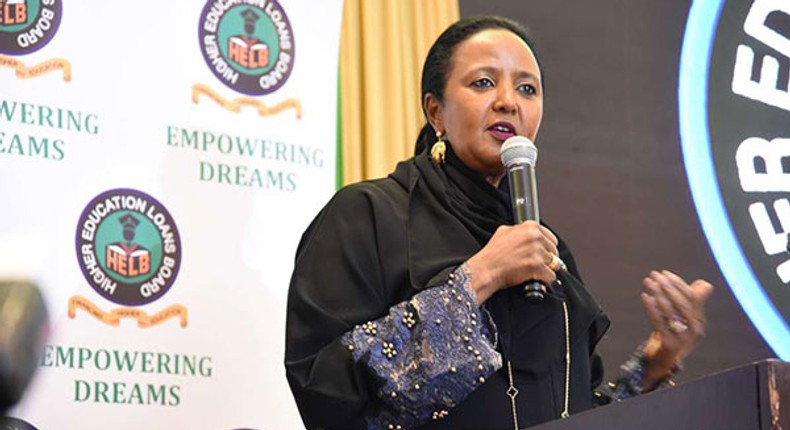 Education CS Amina Mohamed speaking durign a past HELB breakfast (Daily Nation)