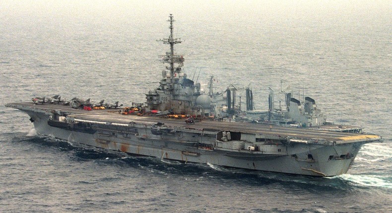 Aerial view of the French aircraft carrier Foch, off the Italian coast, in the Adriatic Sea, 20 May 1999.THOMAS COEX/AFP via Getty Images