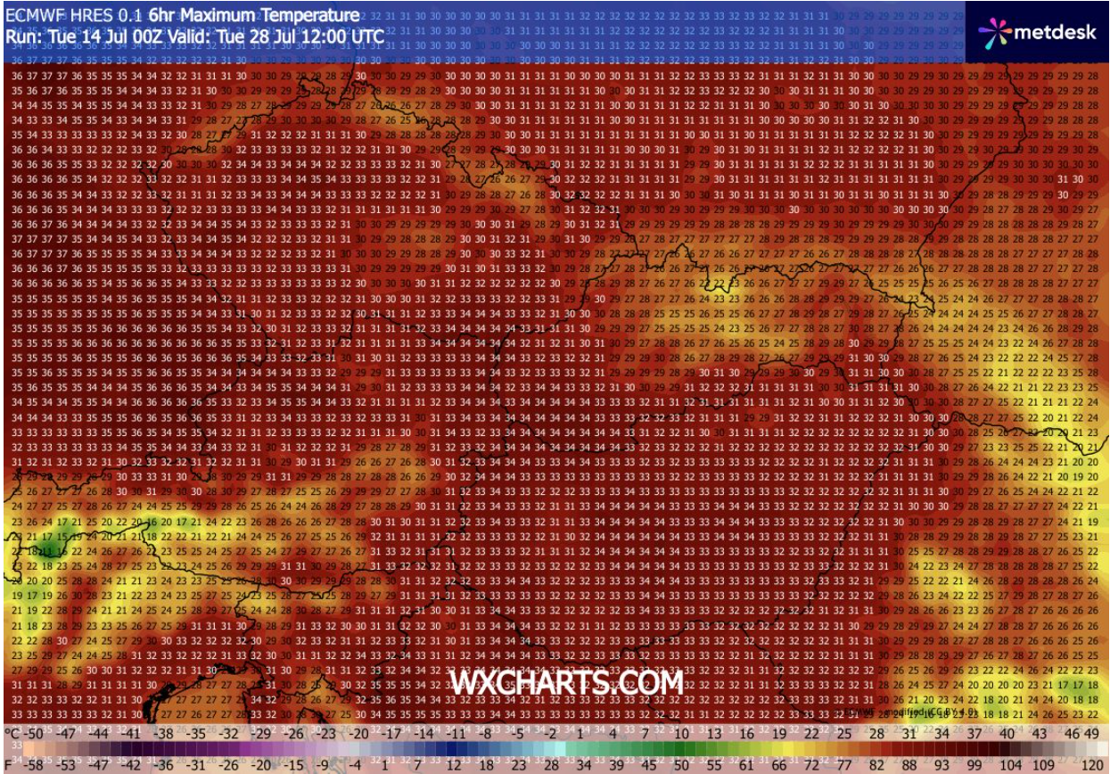 Predpoveď modelu ECMWF na 28. júl. 