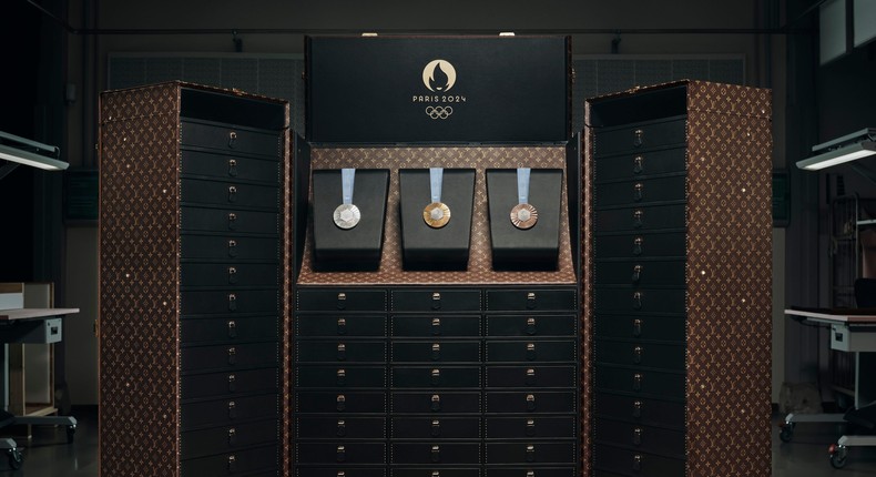 A custom Louis Vuitton trunk holds the Olympic medals, also designed by an LVMH brand.Courtesy of LVMH